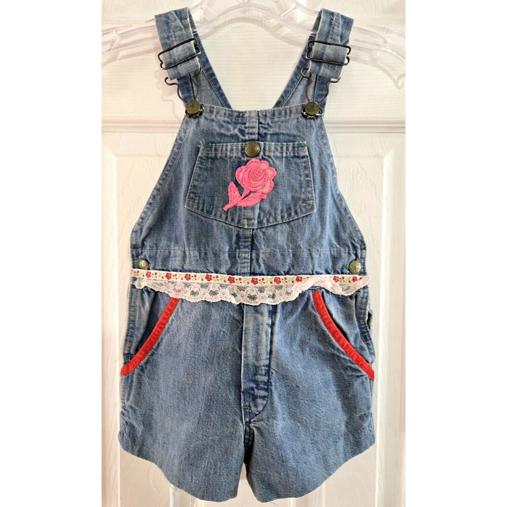 Oshkosh Vestbak VTG 1979 Girls Overalls Shorts Denim Embroidered Hemmed-No Size